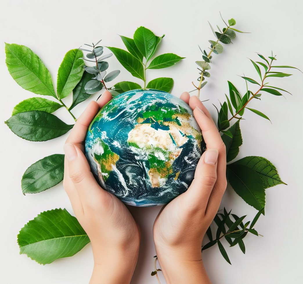 earthly embrace hands holding globe with lush green foliage worl